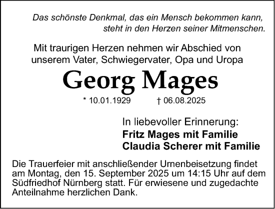 Traueranzeige von Georg Mages von Gesamtausgabe Nürnberger Nachrichten/ Nürnberger Ztg.