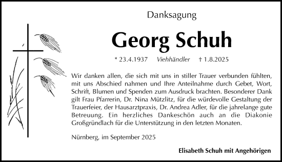 Traueranzeige von Georg Schuh von Gesamtausgabe Nürnberger Nachrichten/ Nürnberger Ztg.
