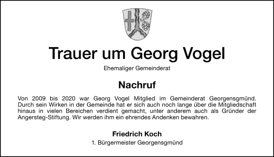 Traueranzeige von Georg Vogel von Roth-Hilpoltsteiner Volkszeitung Lokal