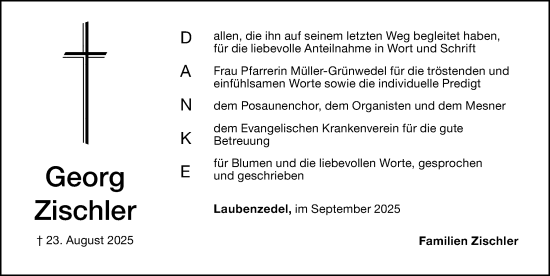 Traueranzeige von Georg Zischler von Altmühl-Bote Lokal