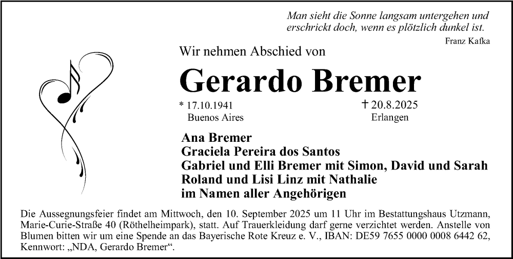  Traueranzeige für Gerardo Bremer vom 06.09.2025 aus Erlanger Nachrichten Lokal