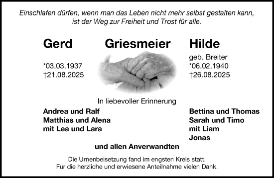 Traueranzeige von Gerd Griesmeier von Gesamtausgabe Nürnberger Nachrichten/ Nürnberger Ztg.