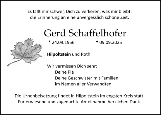 Traueranzeige von Gerd Schaffelhofer von Roth-Hilpoltsteiner Volkszeitung Lokal