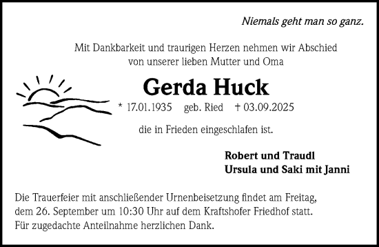Traueranzeige von Gerda Huck von Gesamtausgabe Nürnberger Nachrichten/ Nürnberger Ztg.