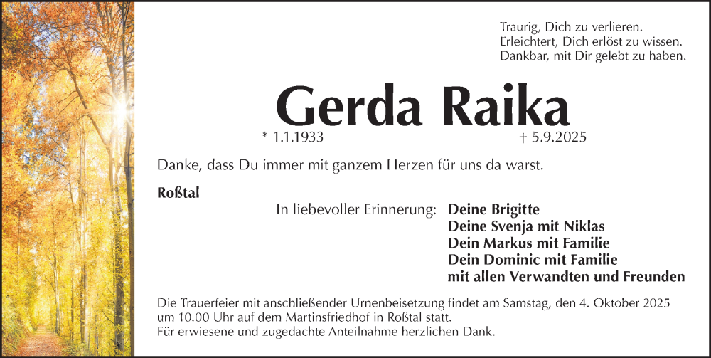  Traueranzeige für Gerda Raika vom 27.09.2025 aus Gesamtausgabe Nürnberger Nachrichten/ Nürnberger Ztg.