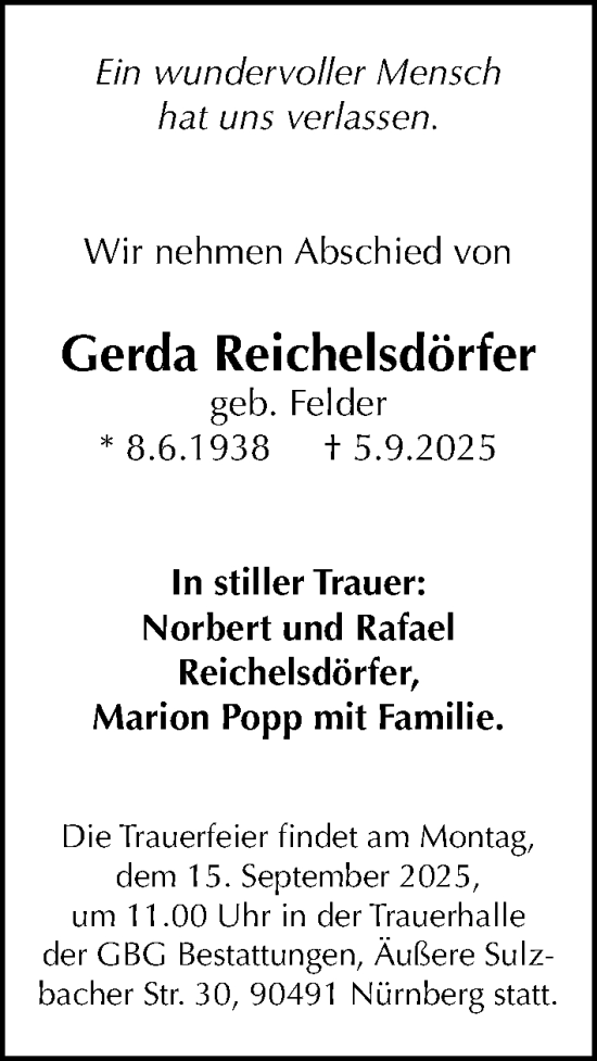 Traueranzeige von Gerda Reichelsdörfer von Gesamtausgabe Nürnberger Nachrichten/ Nürnberger Ztg.