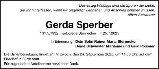 Traueranzeige von Gerda Sperber von Fürther Nachrichten Lokal