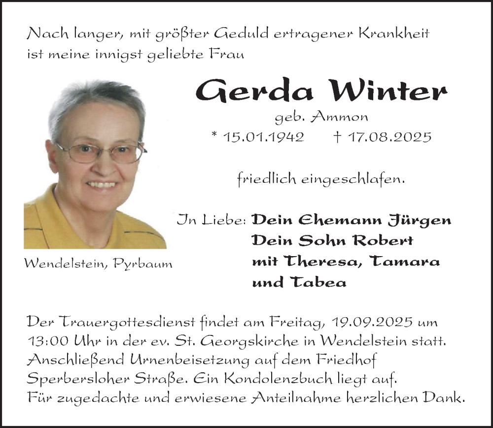  Traueranzeige für Gerda Winter vom 13.09.2025 aus Gesamtausgabe Nürnberger Nachrichten/ Nürnberger Ztg.