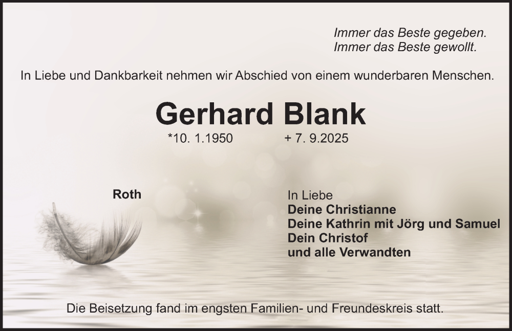  Traueranzeige für Gerhard Blank vom 20.09.2025 aus Roth-Hilpoltsteiner Volkszeitung Lokal