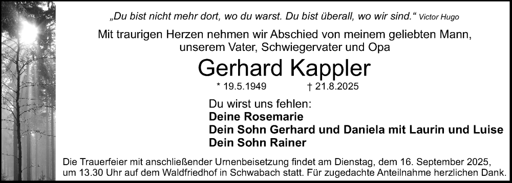  Traueranzeige für Gerhard Kappler vom 06.09.2025 aus Schwabacher Tagblatt Lokal