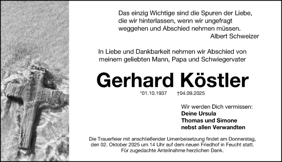 Traueranzeige von Gerhard Köstler von Gesamtausgabe Nürnberger Nachrichten/ Nürnberger Ztg.