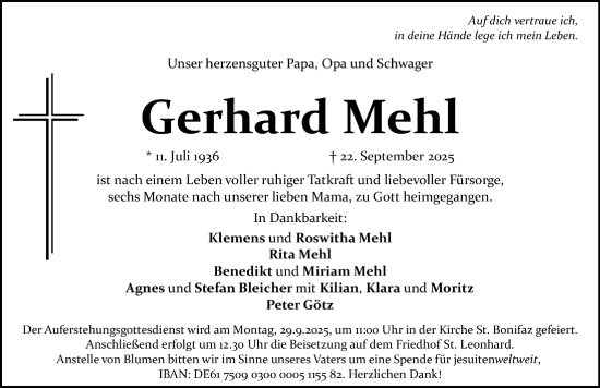 Traueranzeige von Gerhard Mehl von Gesamtausgabe Nürnberger Nachrichten/ Nürnberger Ztg.
