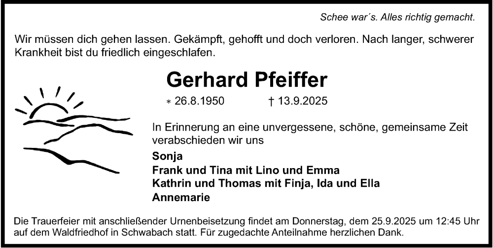 Traueranzeige für Gerhard Pfeiffer vom 20.09.2025 aus Gesamtausgabe Nürnberger Nachrichten/ Nürnberger Ztg.