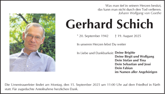 Traueranzeige von Gerhard Schich von Fürther Nachrichten Lokal