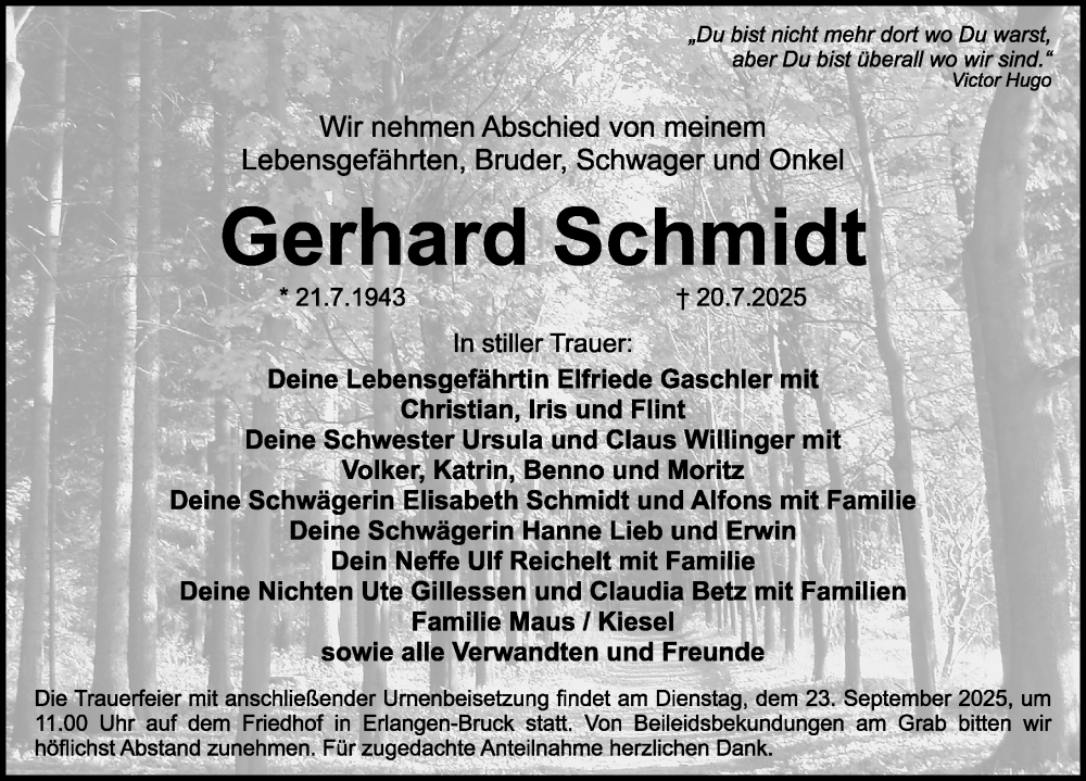  Traueranzeige für Gerhard Schmidt vom 20.09.2025 aus Erlanger Nachrichten Lokal