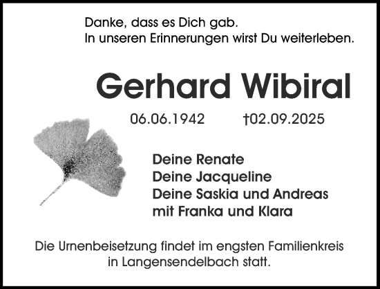 Traueranzeige von Gerhard Wibiral von Nordbayerische Nachrichten Forchheim Lokal