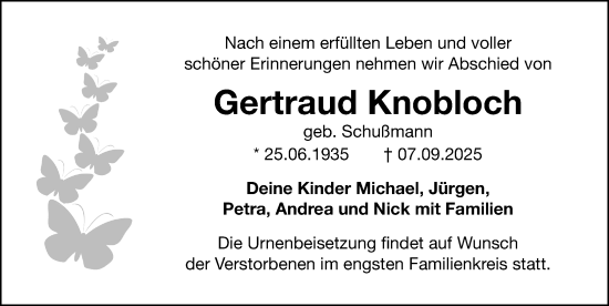 Traueranzeige von Gertraud Knobloch von Gesamtausgabe Nürnberger Nachrichten/ Nürnberger Ztg.