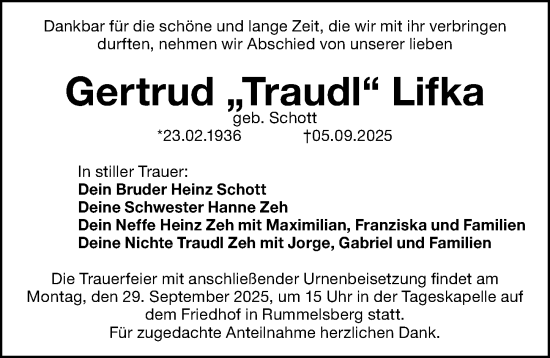 Traueranzeige von Gertrud Lifka von Gesamtausgabe Nürnberger Nachrichten/ Nürnberger Ztg.