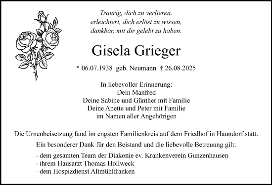 Traueranzeige von Gisela Grieger von Altmühl-Bote Lokal
