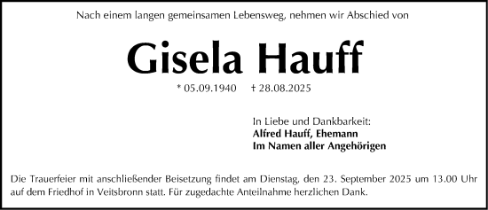 Traueranzeige von Gisela Hauff von Fürther Nachrichten Lokal