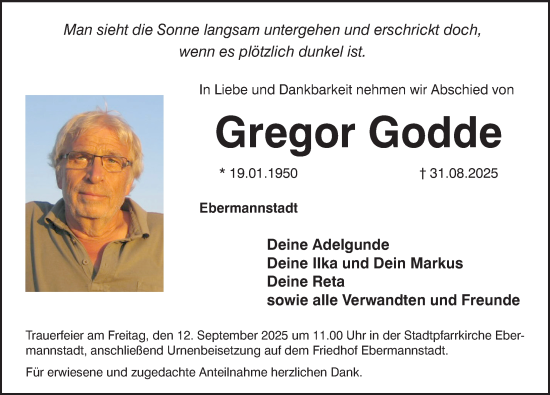 Traueranzeige von Gregor Godde von Nordbayerische Nachrichten Forchheim Lokal