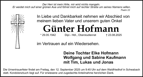 Traueranzeige von Günter Hofmann von Schwabacher Tagblatt Lokal