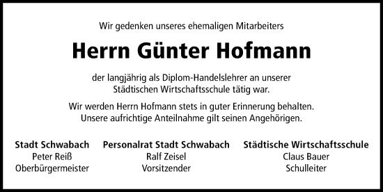 Traueranzeige von Günter Hofmann von Schwabacher Tagblatt Lokal