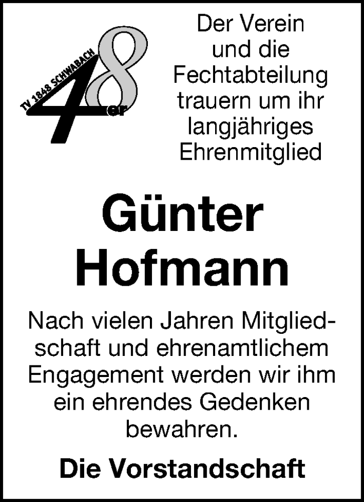  Traueranzeige für Günter Hofmann vom 11.09.2025 aus Schwabacher Tagblatt Lokal