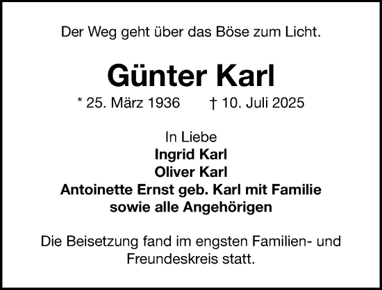 Traueranzeige von Günter Karl von Gesamtausgabe Nürnberger Nachrichten/ Nürnberger Ztg.
