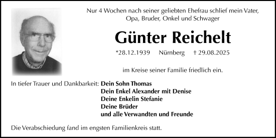 Traueranzeige von Günter Reichelt von Gesamtausgabe Nürnberger Nachrichten/ Nürnberger Ztg.