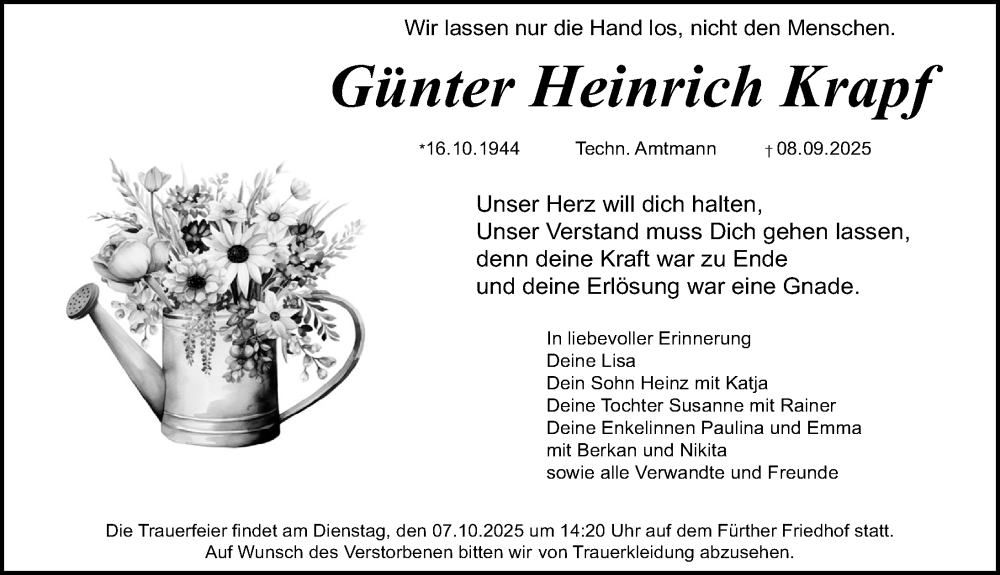  Traueranzeige für Günter Heinrich Krapf vom 27.09.2025 aus Fürther Nachrichten Lokal