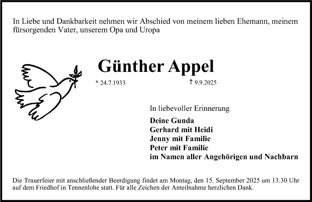  Traueranzeige für Günther Appel vom 13.09.2025 aus Erlanger Nachrichten Lokal