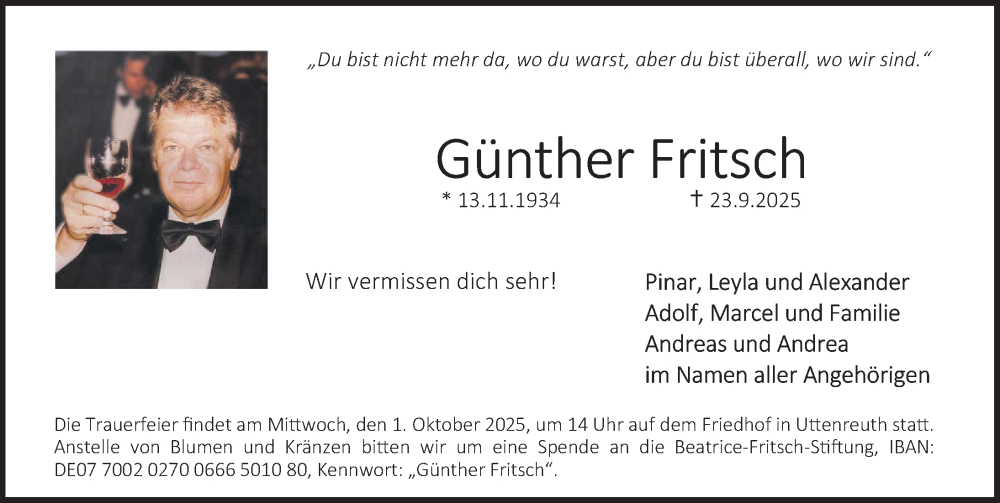  Traueranzeige für Günther Fritsch vom 27.09.2025 aus Gesamtausgabe Nürnberger Nachrichten/ Nürnberger Ztg./ Erlanger Nachrichten
