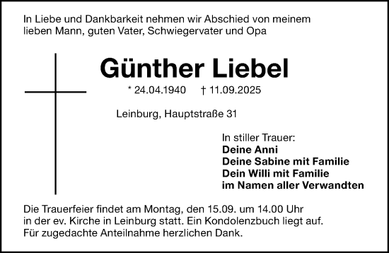 Traueranzeige von Günther Liebel von Gesamtausgabe Nürnberger Nachrichten/ Nürnberger Ztg.