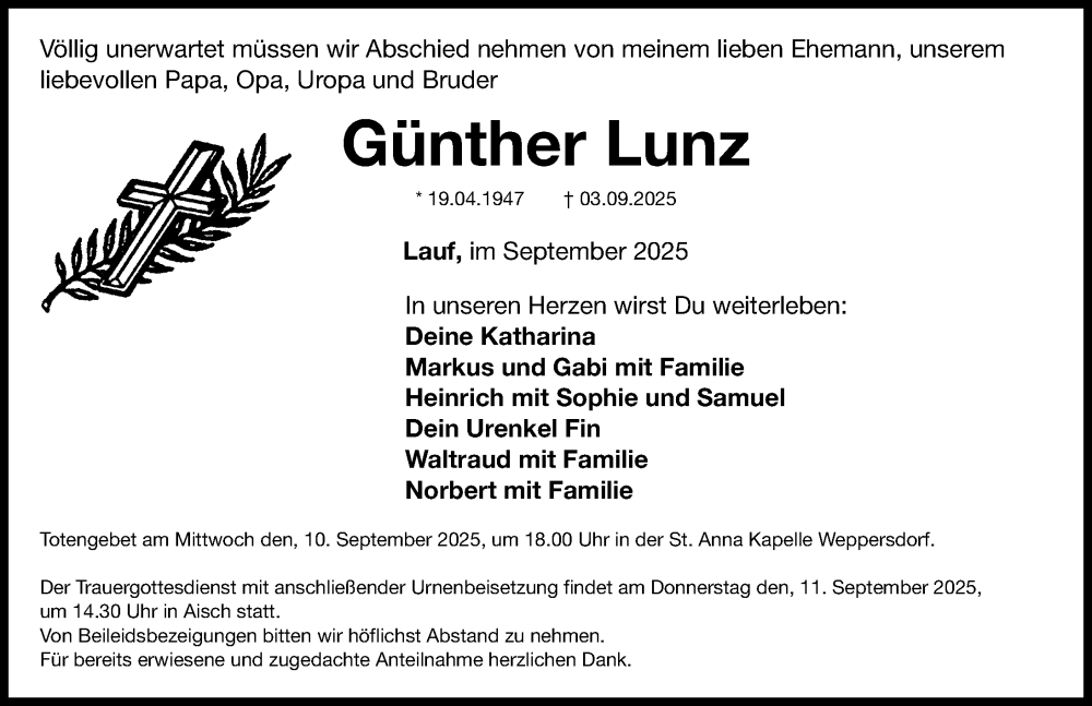  Traueranzeige für Günther Lunz vom 08.09.2025 aus Nordbayerische Nachrichten Herzogenaurach Lokal