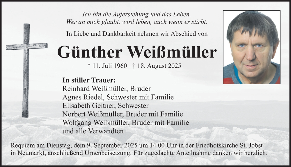  Traueranzeige für Günther Weißmüller vom 06.09.2025 aus Neumarkter Nachrichten Lokal
