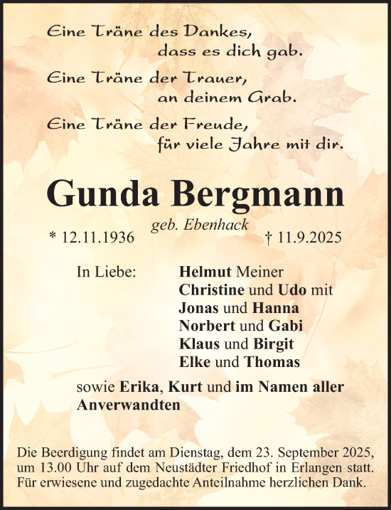 Traueranzeige von Gunda Bergmann von Erlanger Nachrichten Lokal