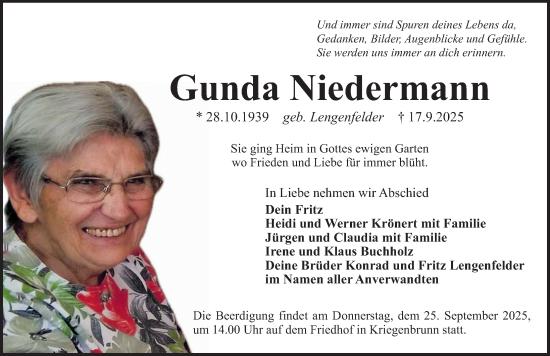 Traueranzeige von Gunda Niedermann von Erlanger Nachrichten/ Fürther Nachrichten