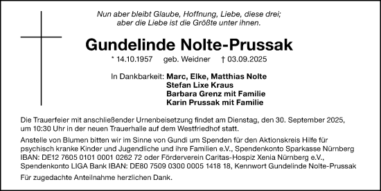 Traueranzeige von Gundelinde Nolte-Prussak von Gesamtausgabe Nürnberger Nachrichten/ Nürnberger Ztg.