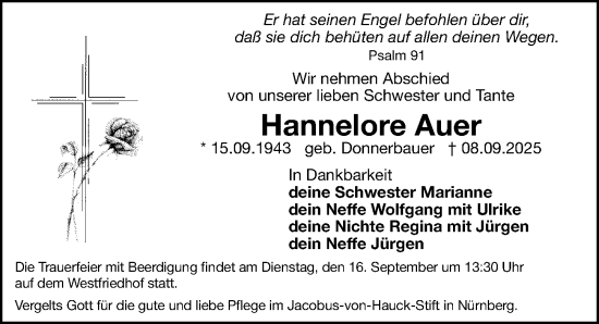 Traueranzeige von Hannelore Auer von Gesamtausgabe Nürnberger Nachrichten/ Nürnberger Ztg.