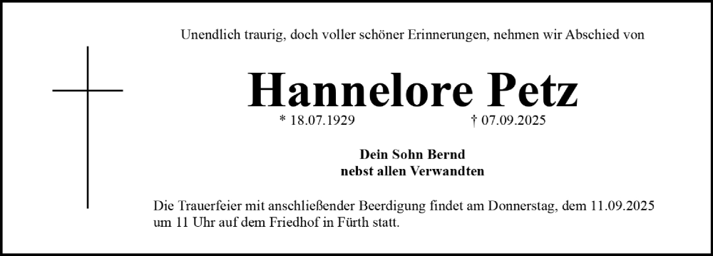 Traueranzeige für Hannelore Petz vom 10.09.2025 aus Gesamtausgabe Nürnberger Nachrichten/ Nürnberger Ztg.
