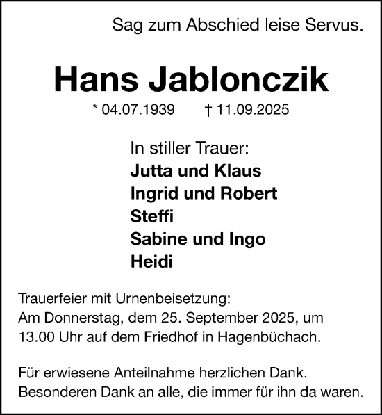 Traueranzeige von Hans Jablonczik von Fürther Nachrichten Lokal