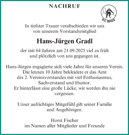 Traueranzeige von Hans-Jürgen Gradl von Nordbayerische Nachrichten Pegnitz Lokal