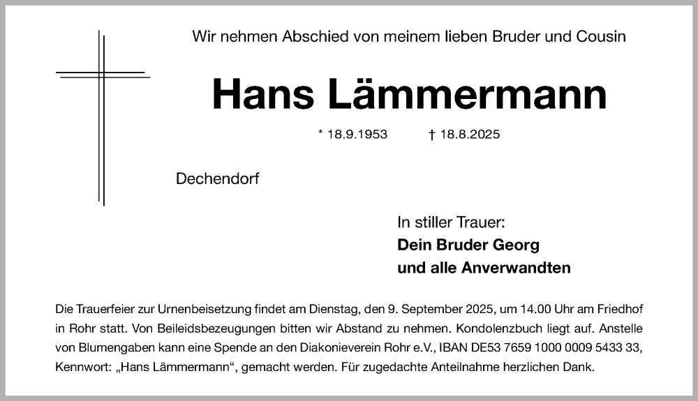  Traueranzeige für Hans Lämmermann vom 06.09.2025 aus Schwabacher Tagblatt Lokal