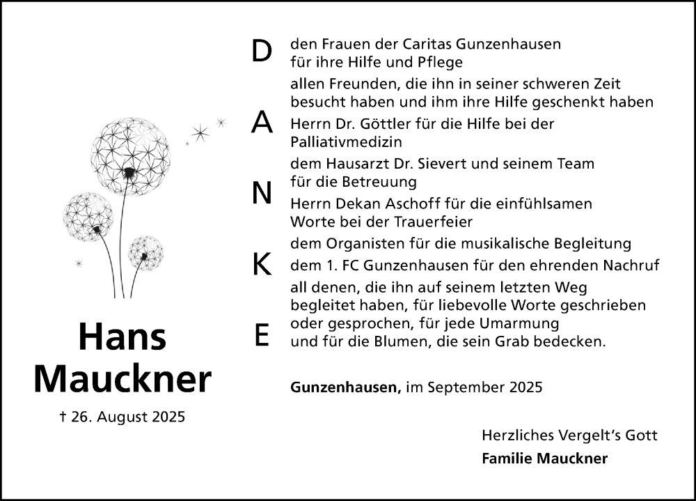  Traueranzeige für Hans Mauckner vom 13.09.2025 aus Altmühl-Bote Lokal