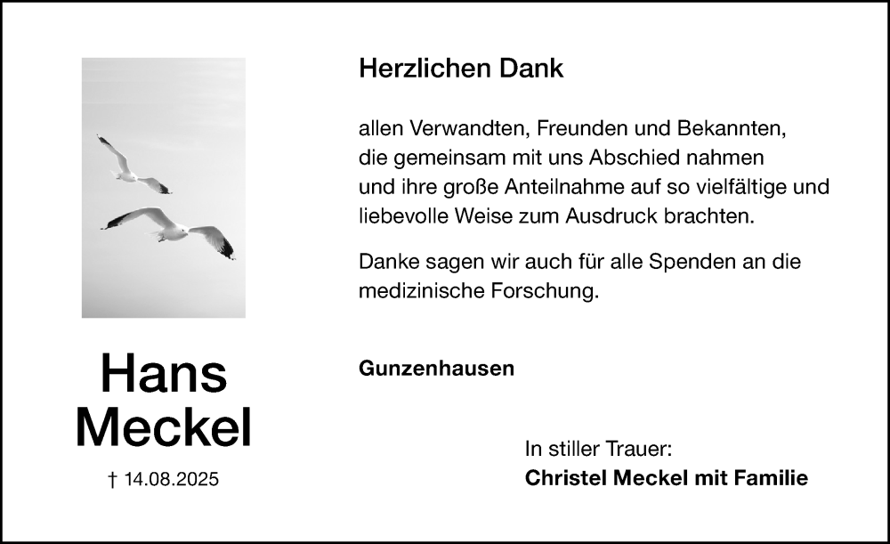  Traueranzeige für Hans Meckel vom 20.09.2025 aus Altmühl-Bote Lokal