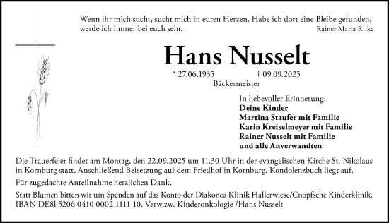 Traueranzeige von Hans Nusselt von Gesamtausgabe Nürnberger Nachrichten/ Nürnberger Ztg.