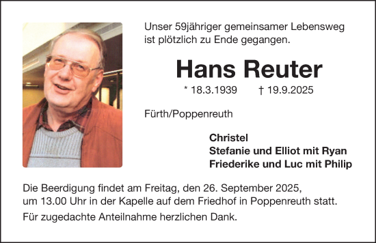Traueranzeige von Hans Reuter von Gesamtausgabe Nürnberger Nachrichten/ Nürnberger Ztg.