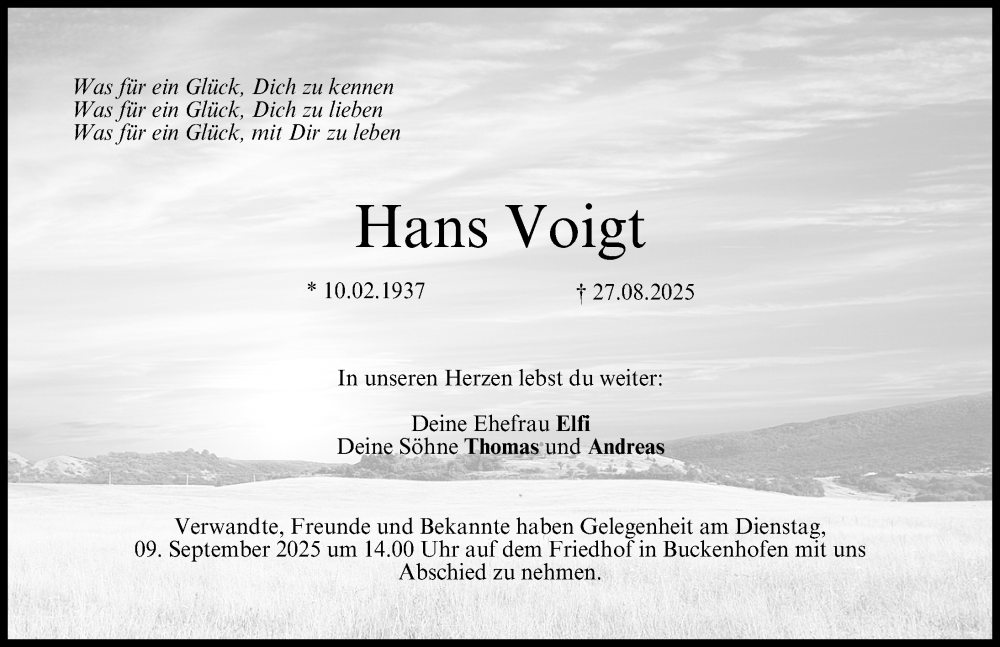  Traueranzeige für Hans Voigt vom 06.09.2025 aus Nordbayerische Nachrichten Forchheim Lokal