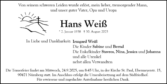 Traueranzeige von Hans Weiß von Gesamtausgabe Nürnberger Nachrichten/ Nürnberger Ztg.